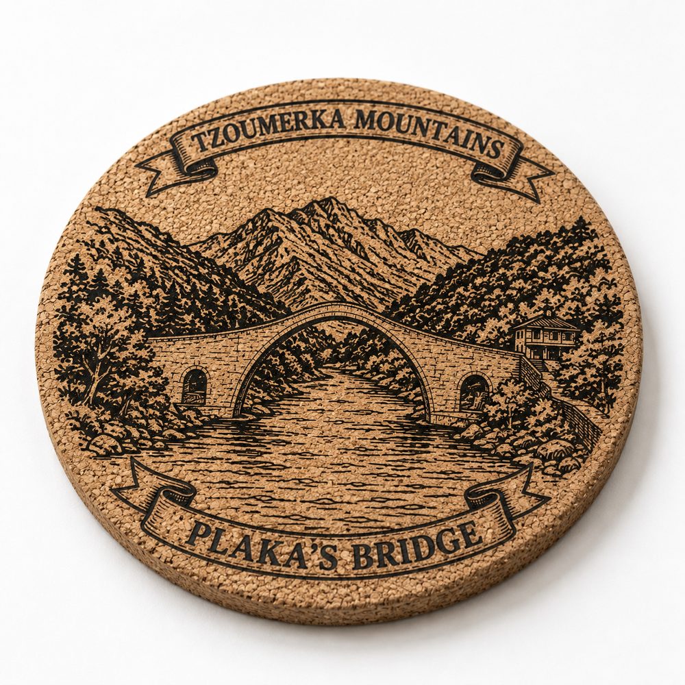 Cork coaster engraved with a stone arch bridge and mountains