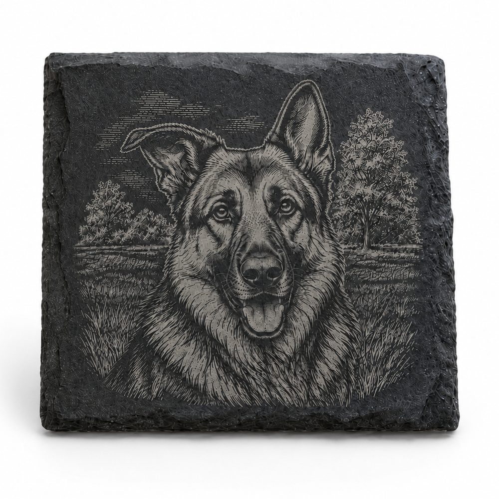 German Shepherd portrait engraved into a black slate tile, on a white background