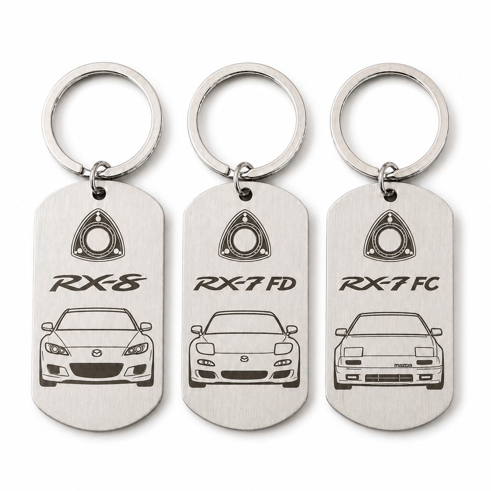 Three steel keyrings engraved with Mazda RX-8, RX-7 FD and RX-7 FC car outlines