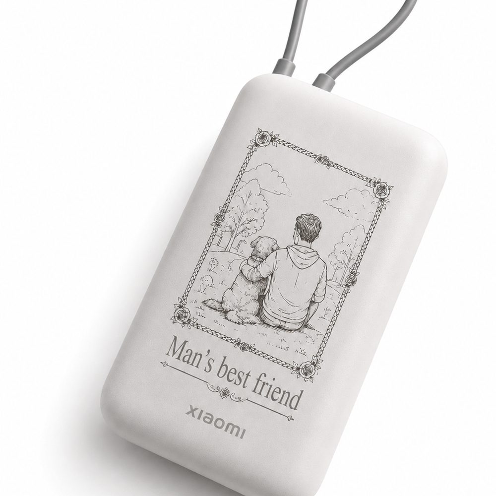 Powerbank engraved with an illustration of a boy and his dog