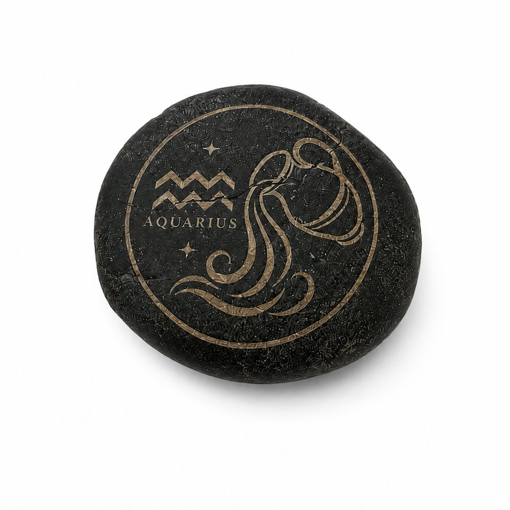 Aquarius zodiac symbol engraved into a smooth black beach stone